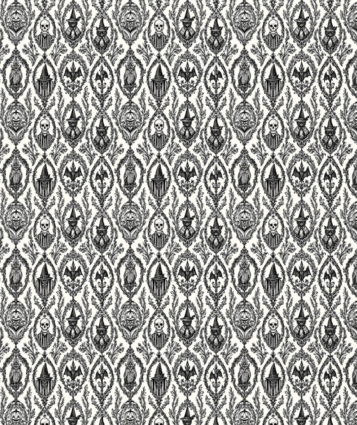 White Damask Skulls Gothic Doll Wrapping Paper – Spooky Gift Wrap
