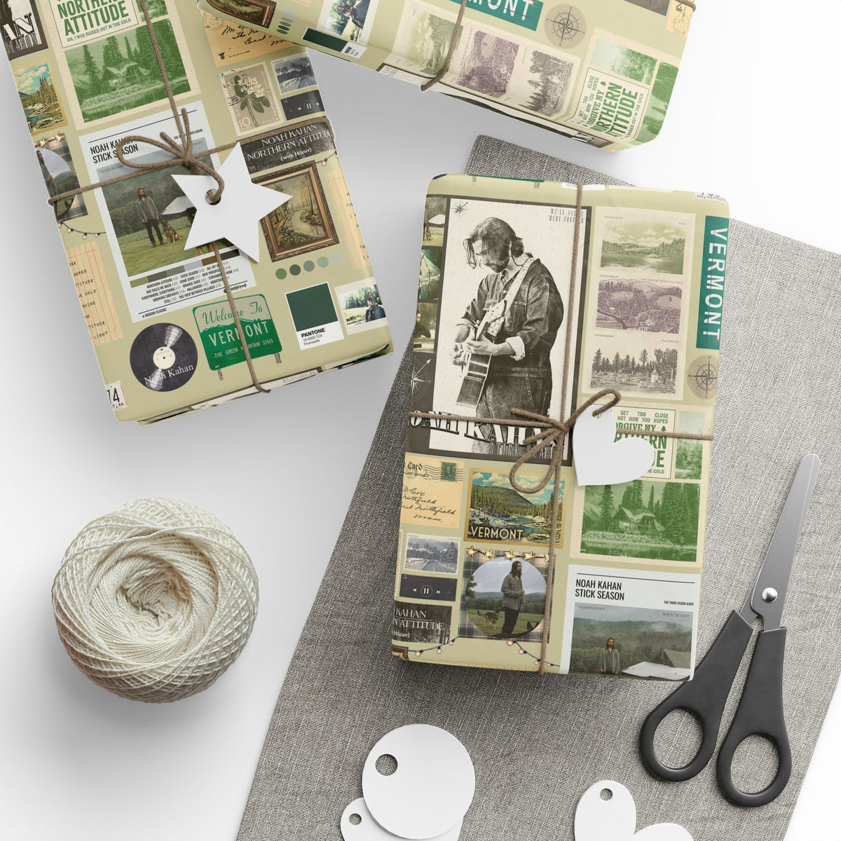 Sepia Vermont Guitar Photo Collage Noah Kahan Wrapping Paper – Vermont Woodsy Holiday Paper for Gifts