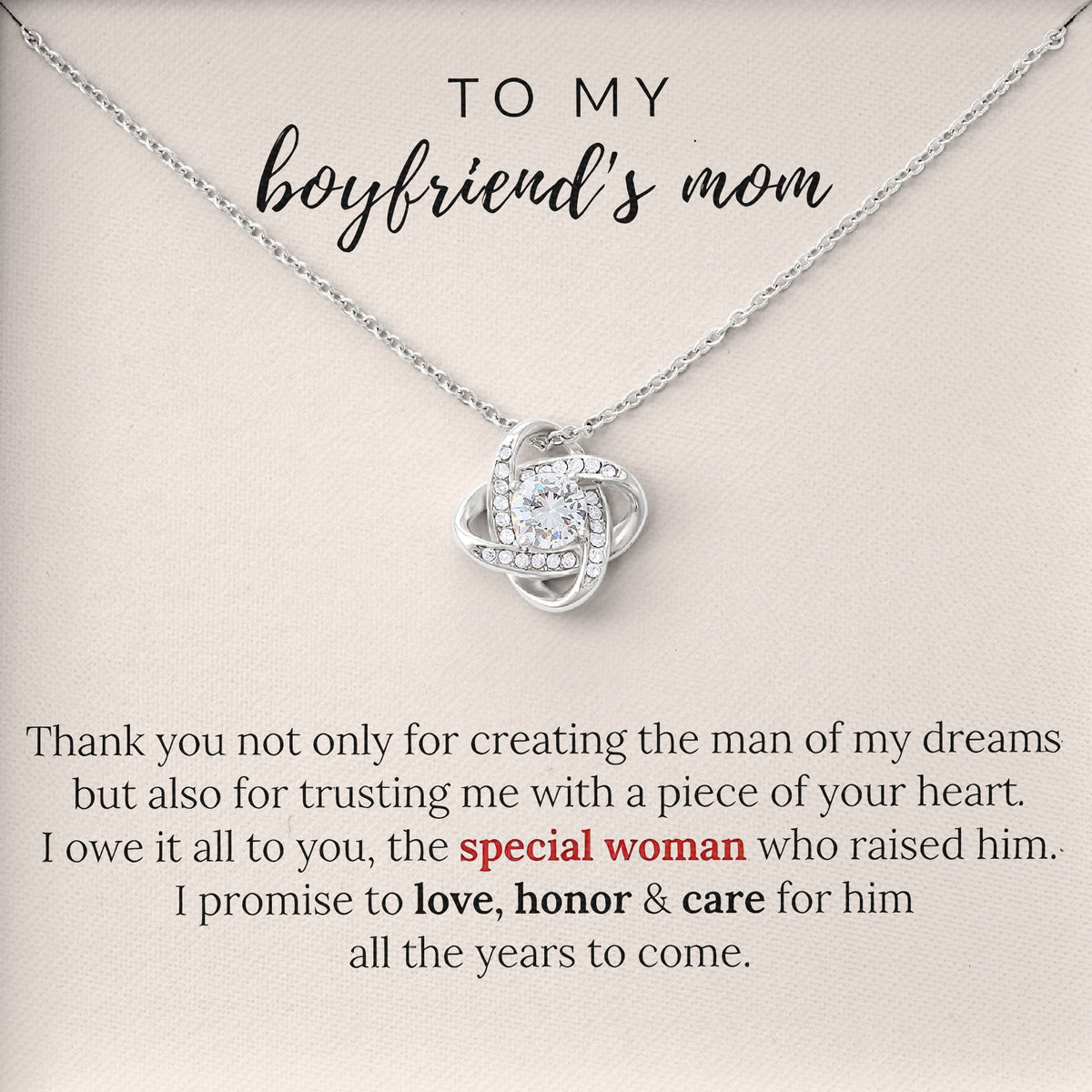 To My Boyfriend's Mom Necklace, Silver Love Knot Necklace for Women, Mothers Day Wedding Valentines Birthday Gifts