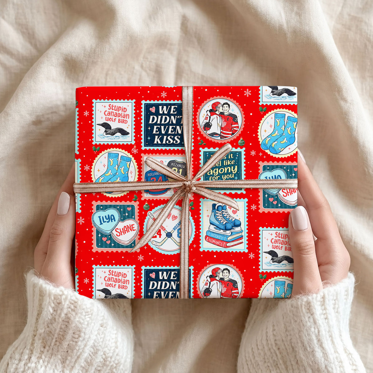 Red Stamps Heated Rivalry Wrapping Paper – Hockey Romance Gift Wrap for Fans