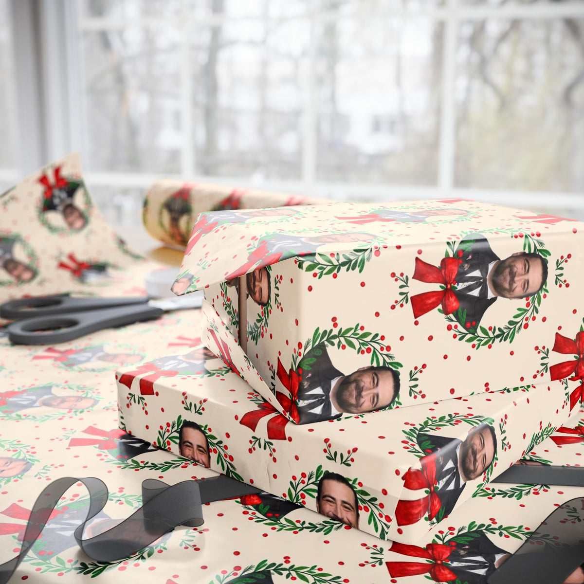 Cream Wreath Tuxedo Portraits Red Bows Noah Kahan Christmas Wrapping Paper – Folk Indie Music Fan Gift