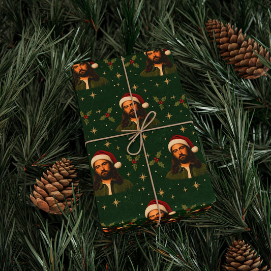 Green Santa Hat Holly Stars Noah Kahan Christmas Wrapping Paper – Vermont Woodsy Holiday Paper for Gifts