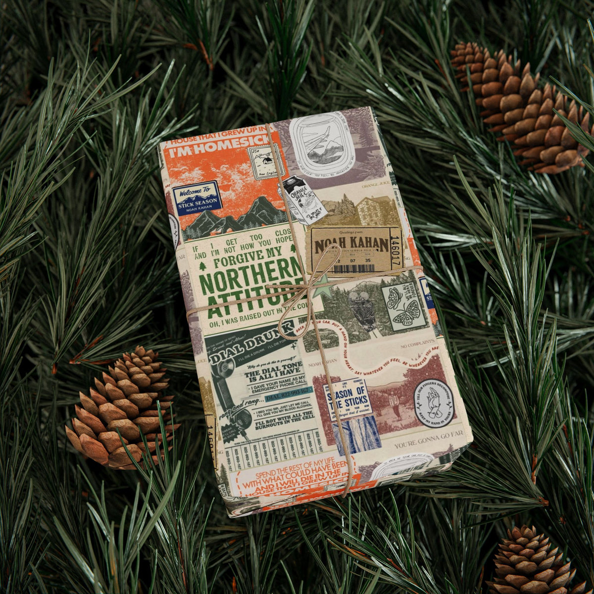 Northern Attitude Collage Noah Kahan Wrapping Paper – Vermont Woodsy Holiday Paper for Gifts