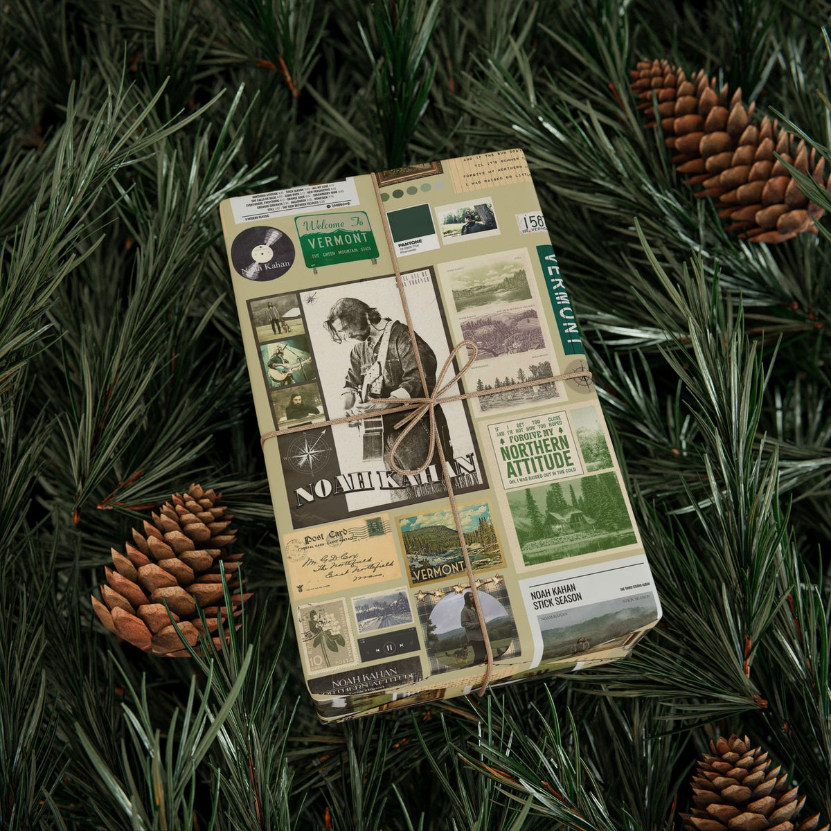 Sepia Vermont Guitar Photo Collage Noah Kahan Wrapping Paper – Vermont Woodsy Holiday Paper for Gifts