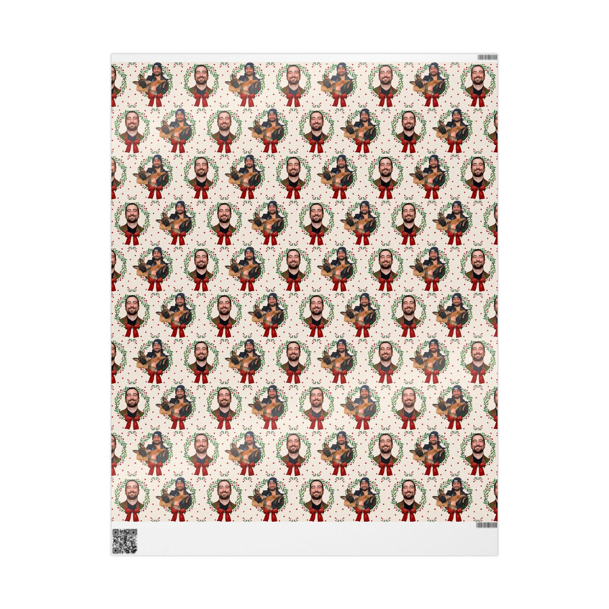 Cream Wreath Dog Portraits Red Bows Noah Kahan Christmas Wrapping Paper – Stick Season Gift Wrap