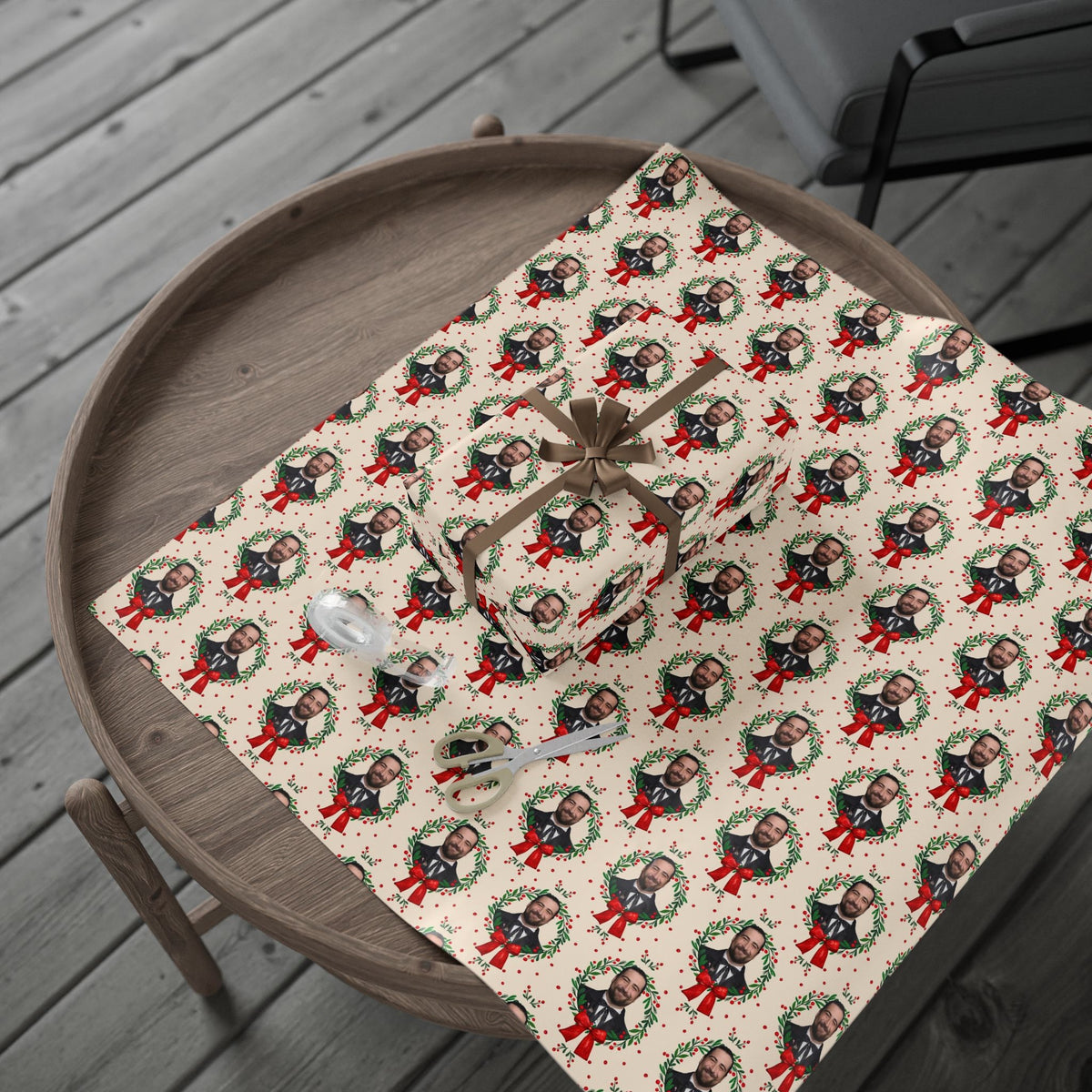 Cream Wreath Tuxedo Portraits Red Bows Noah Kahan Christmas Wrapping Paper – Folk Indie Music Fan Gift