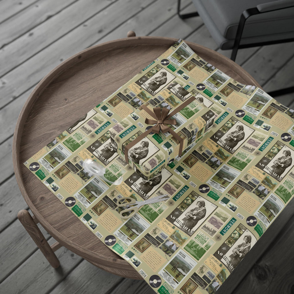 Sepia Vermont Guitar Photo Collage Noah Kahan Wrapping Paper – Vermont Woodsy Holiday Paper for Gifts