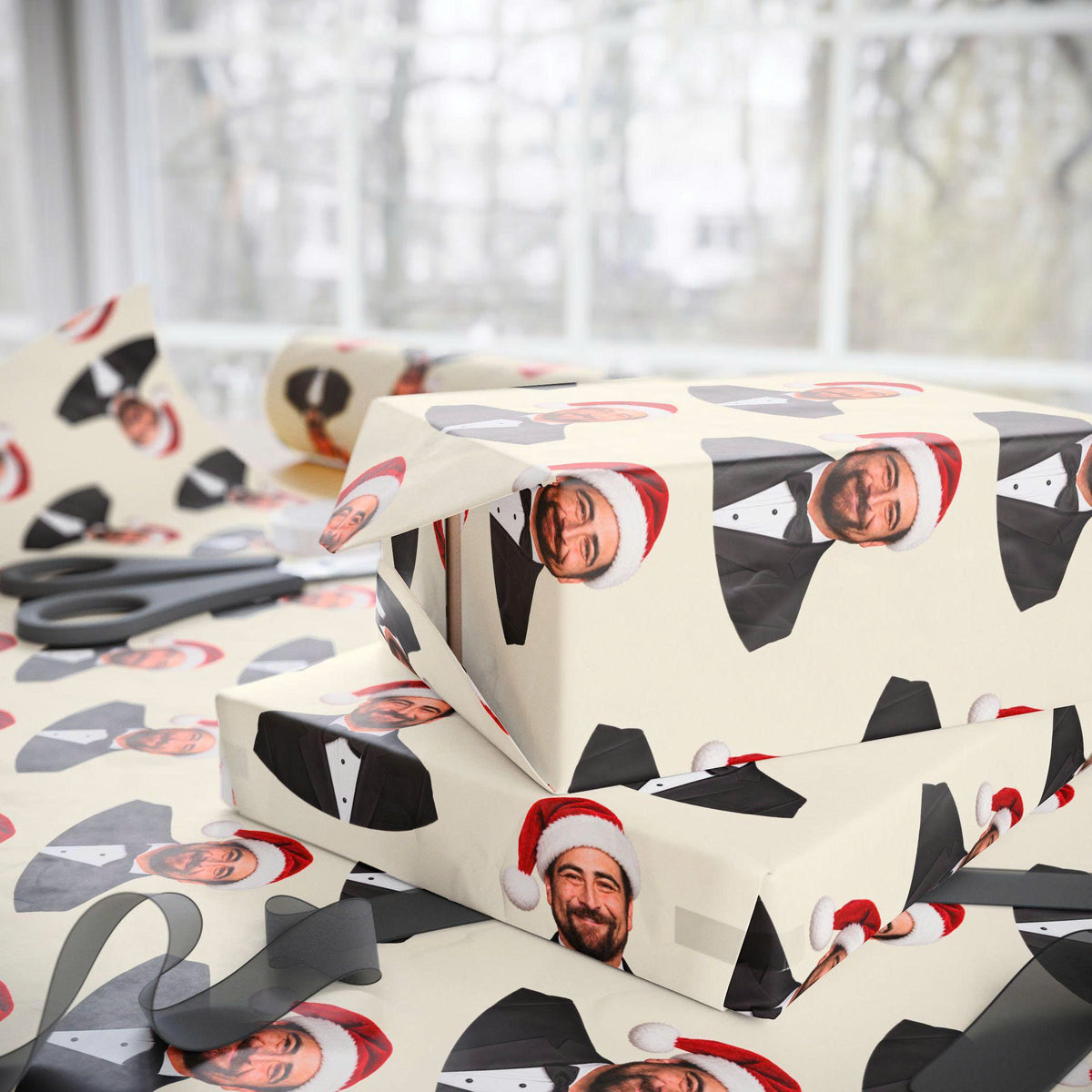 Cream Santa Hat Tuxedo Portraits Noah Kahan Christmas Wrapping Paper – Stick Season Gift Wrap
