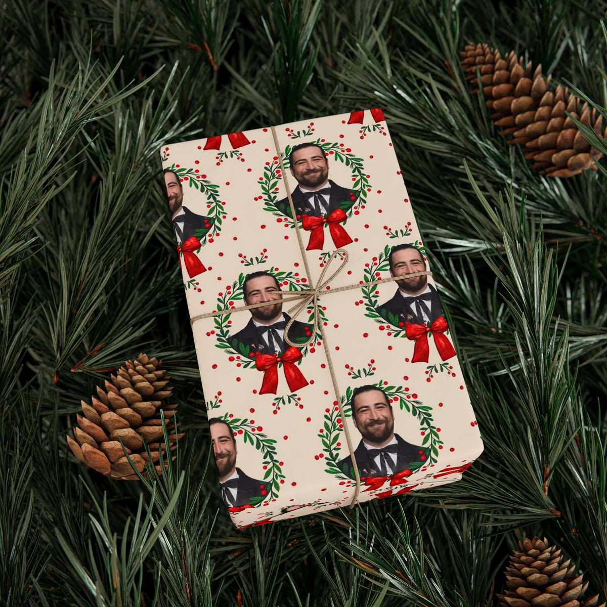 Cream Wreath Tuxedo Portraits Red Bows Noah Kahan Christmas Wrapping Paper – Folk Indie Music Fan Gift