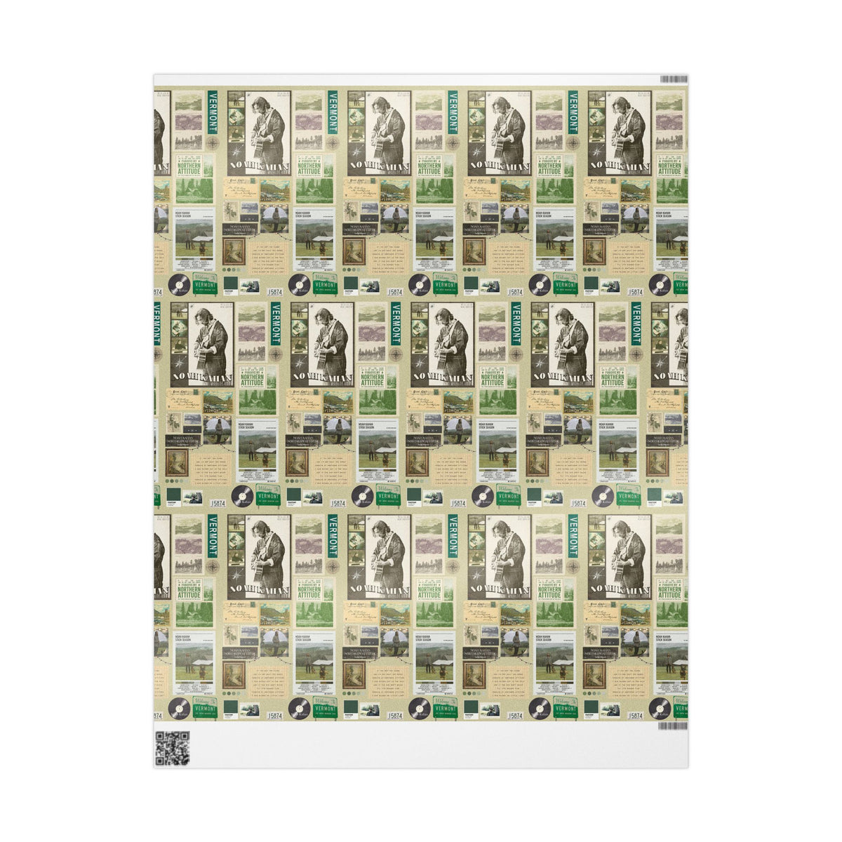 Sepia Vermont Guitar Photo Collage Noah Kahan Wrapping Paper – Vermont Woodsy Holiday Paper for Gifts