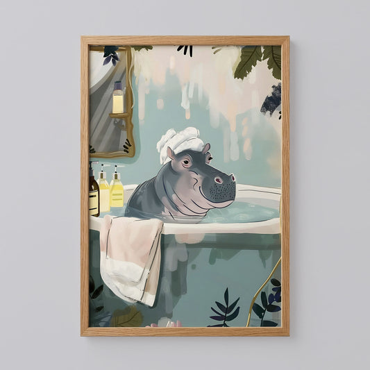 Hippo in Bathtub Bathroom Print Art