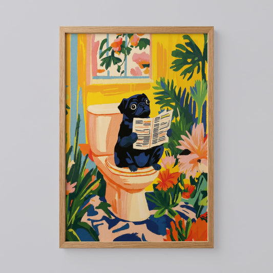 Black Pug On a Toilet Print