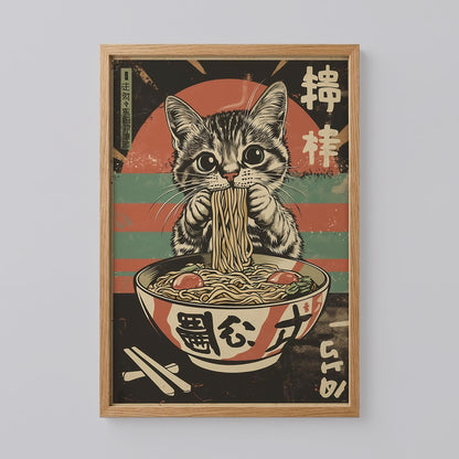 Black Cat Eating Noodles Poster