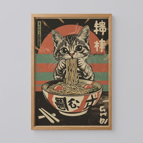 Black Cat Eating Noodles Poster