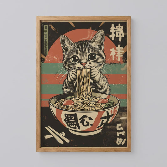 Black Cat Eating Noodles Poster