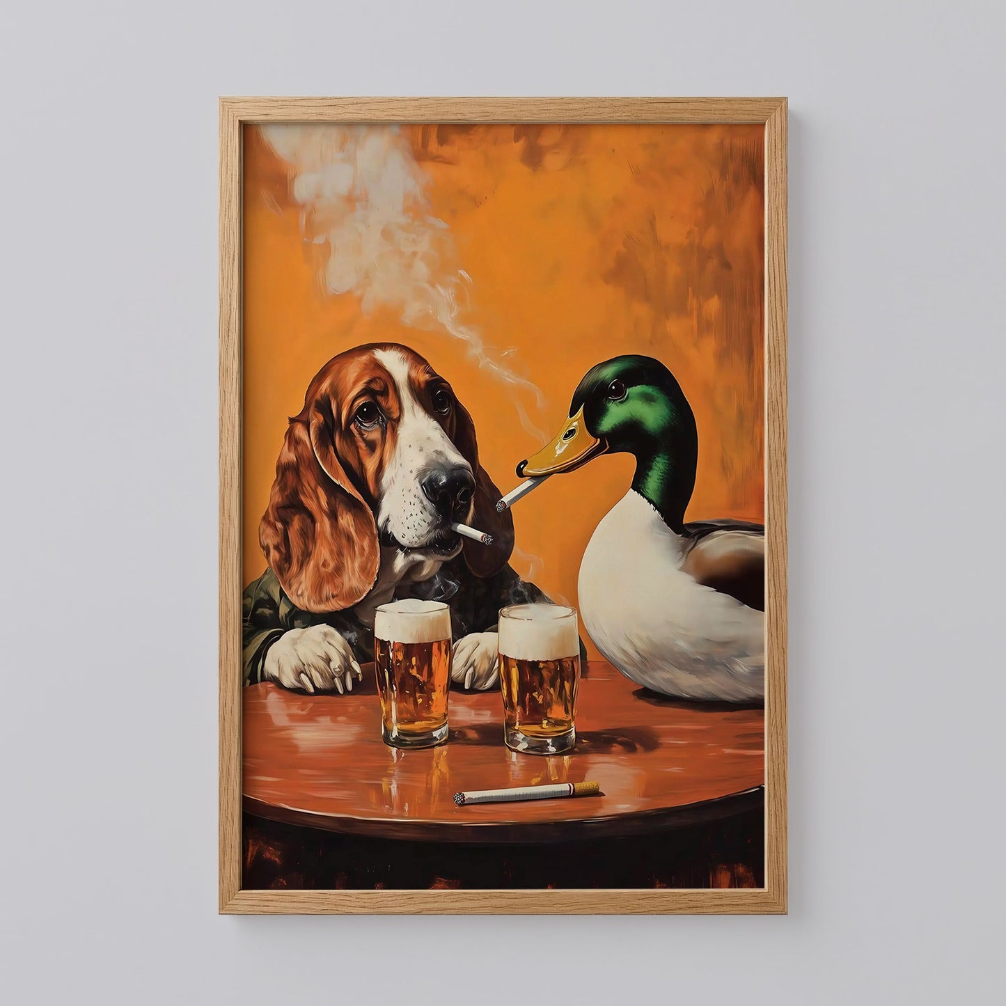 Basset Hound and Mallard Duck Smoking Cigarettes Art