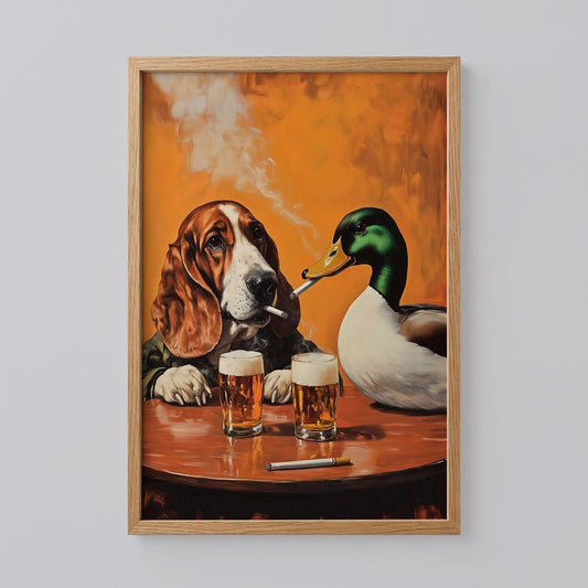 Basset Hound and Mallard Duck Smoking Cigarettes Art
