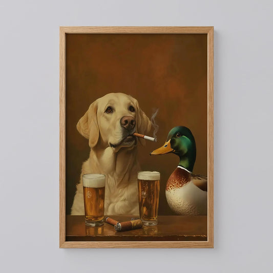 A Labrador Retriever and a Mallard Duck Poster