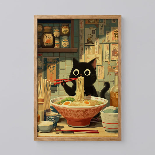 Black Cat Ramen Japanese Art Print