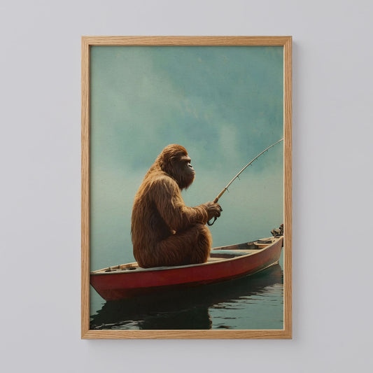 Funny Bigfoot Fishing in Canoe Print Art
