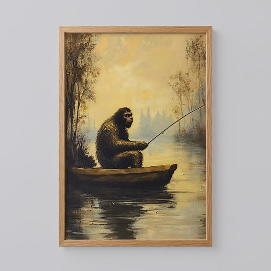 Bigfoot on a Red Canoe Fishing Poster
