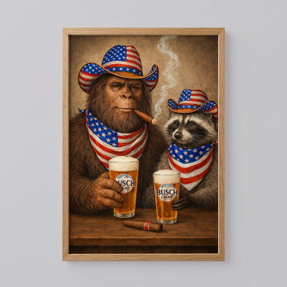 Raccoon and Bigfoot Laughter Vintage Poster