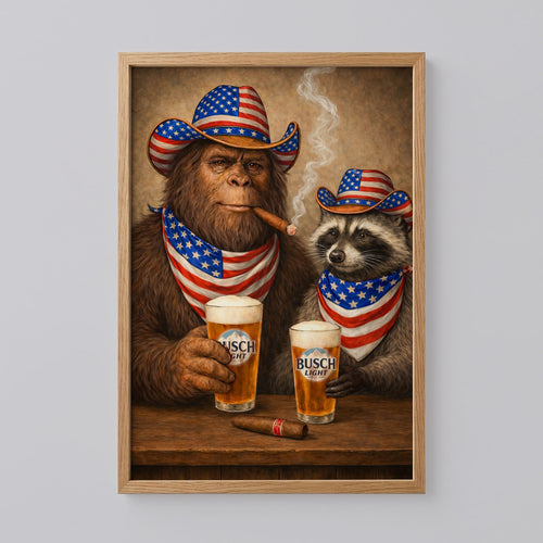 Raccoon and Bigfoot Laughter Vintage Poster