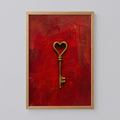 Gold Heart Key on Red Art