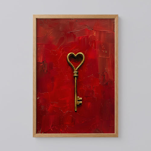 Gold Heart Key on Red Art