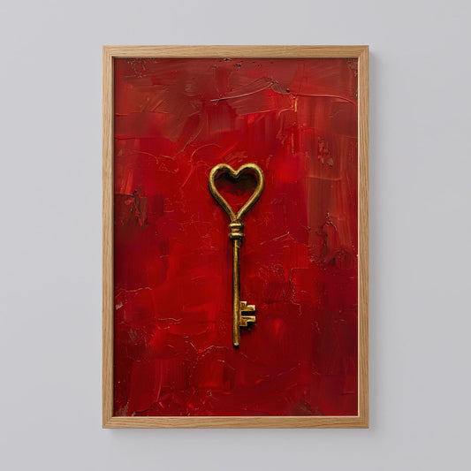 Gold Heart Key on Red Art