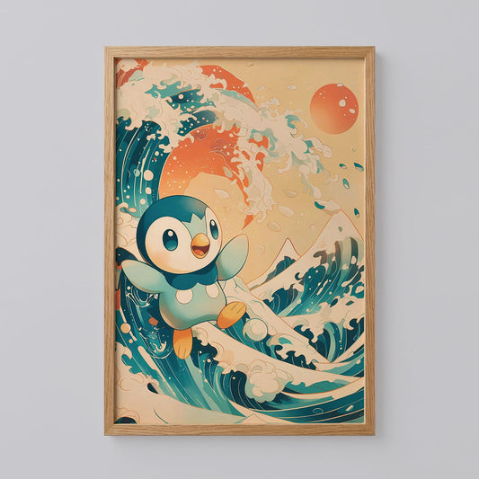 Piplup Japanese Wave Art Print