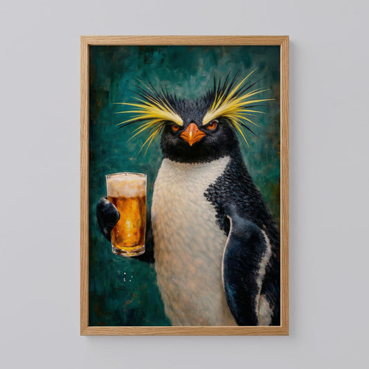 Quirky Penguin Holding Beer Poster