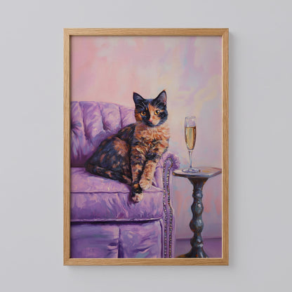 Tortoiseshell Cat with Champagne Art Print