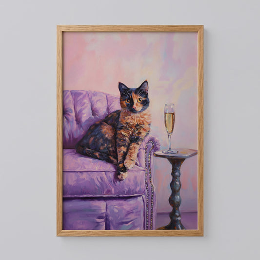 Tortoiseshell Cat with Champagne Art Print