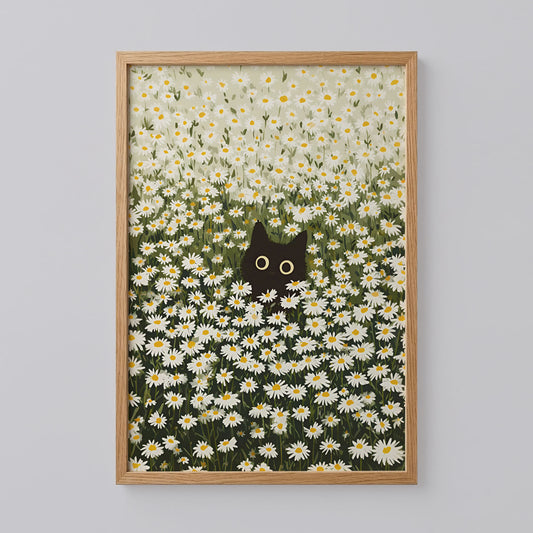 Black Cat Daisy Meadow Poster