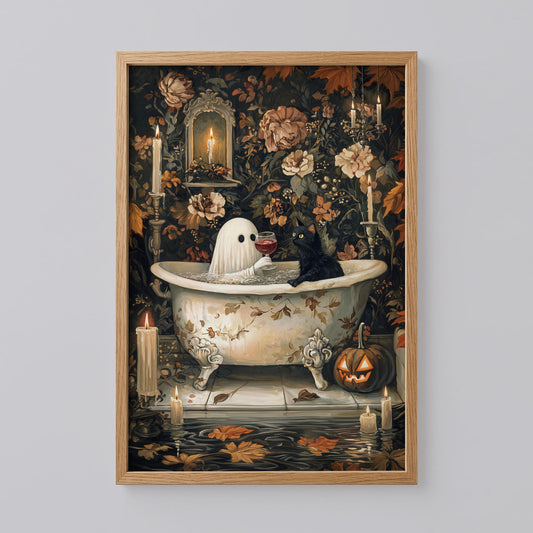 Ghost and Wine with Cat in Bathtub Poster