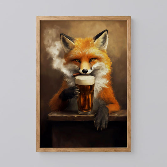 Red Fox Drinking Beer And Smoking Bar Poster