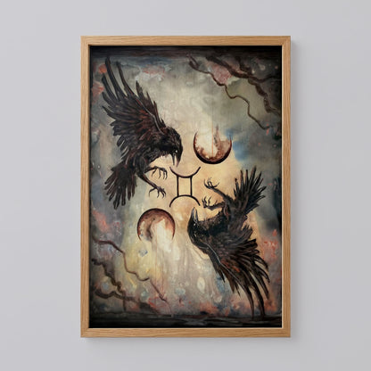 Two Crows Flying with Star Sign Surreal Moons Poster