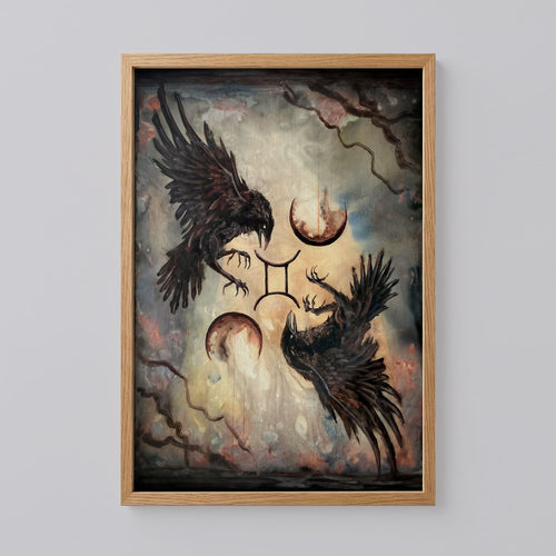 Two Crows Flying with Star Sign Surreal Moons Poster