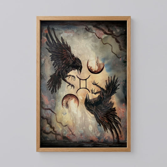 Two Crows Flying with Star Sign Surreal Moons Poster
