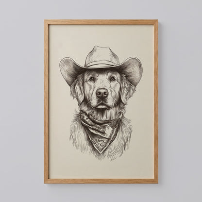 Golden Retriever Cowboy Sketch Print