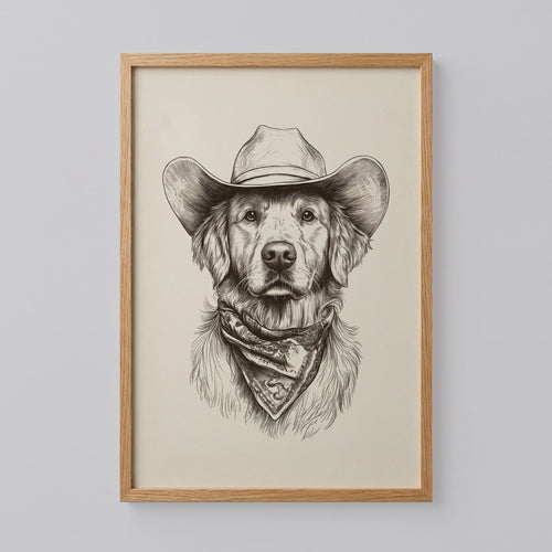 Golden Retriever Cowboy Sketch Print