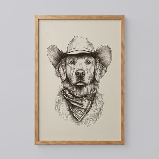 Golden Retriever Cowboy Sketch Print
