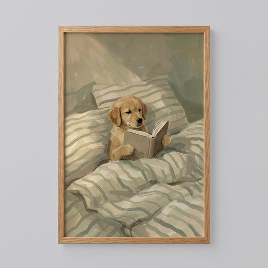 Cute Dog Reading Book in Bed Post