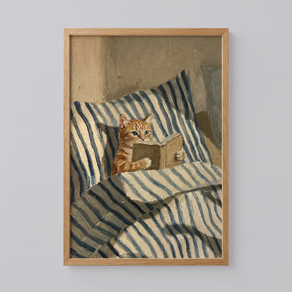 Orange Ginger Cat Reading Book in Bed Poster