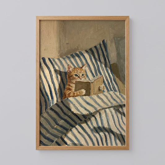 Orange Ginger Cat Reading Book in Bed Poster