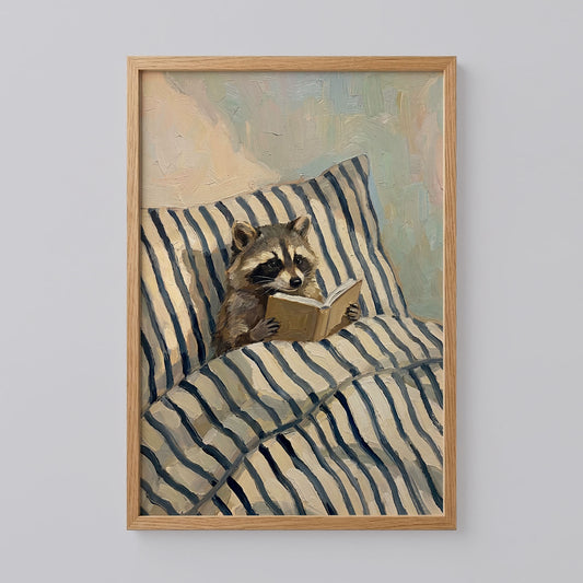 Raccoon Reading in Bed Poster