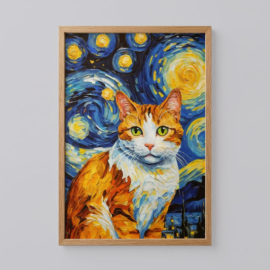 Starry Night With Ginger Cat Print