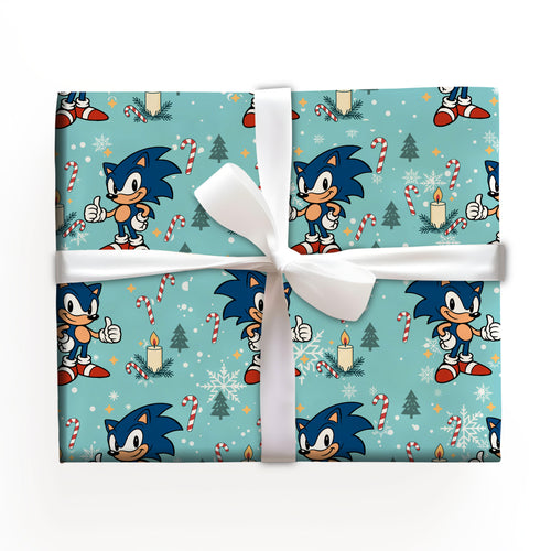 Blue Hedgehog Xmas Holiday Gift Wrap Roll