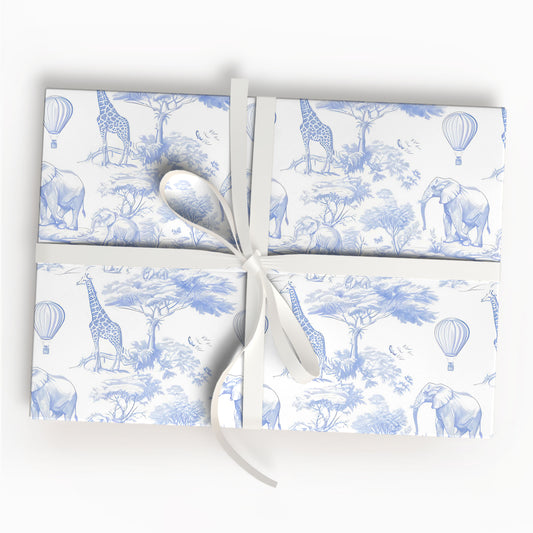 Tissu Jersey Toile de Jouy Safari Bleu Wrapping Paper